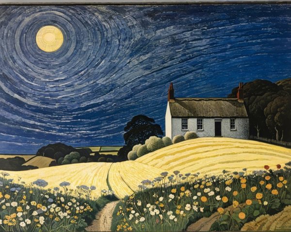 Countryside Night Scene with Cottage and Moonlight