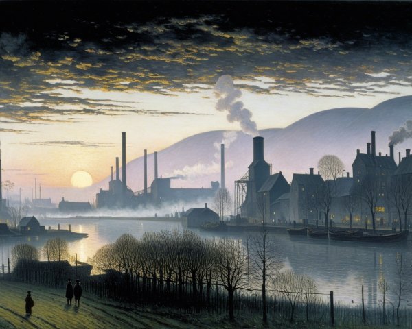 Twilight Industrial Landscape by a River with Smokestacks