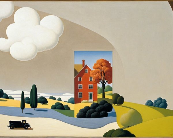 Stylized landscape with cloud, river, and autumn colors