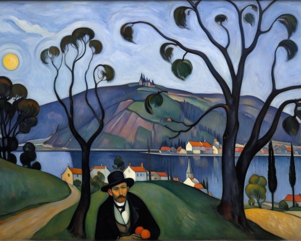Serene Landscape with Man, Lake, and Village Scene