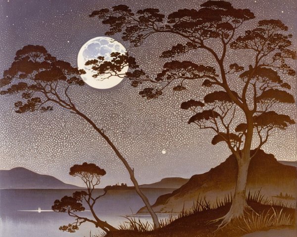 Silhouetted Trees and Moonlit Water at Night