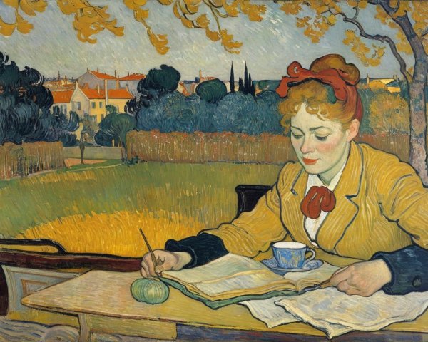 Young Woman Reading Outdoors in Vibrant Landscape