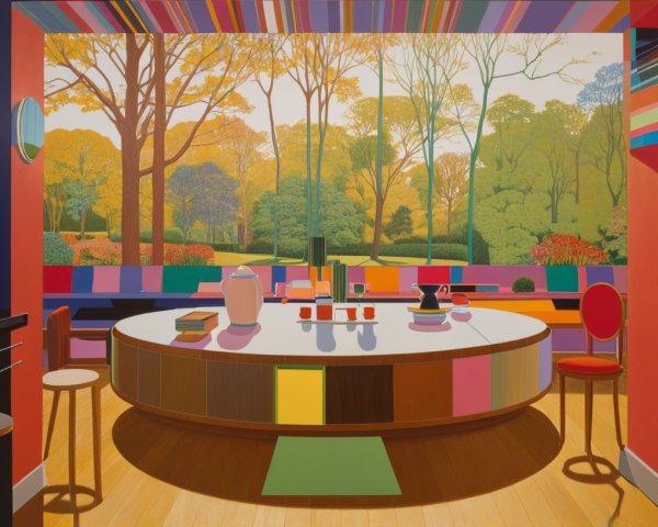 Vibrant Interior Space with Round Table and Mural