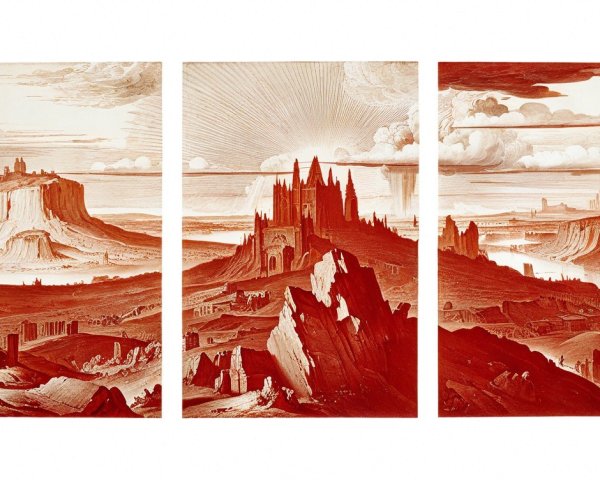 Surreal Triptych with Gothic Structure and Landscape
