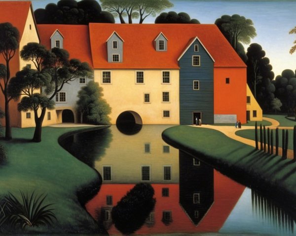 Serene Landscape with Colorful Building by Calm River