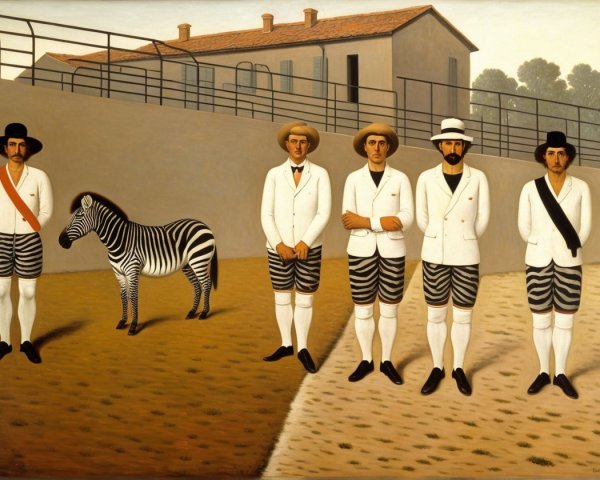 Men in Formal Attire with Zebra in Rural Setting