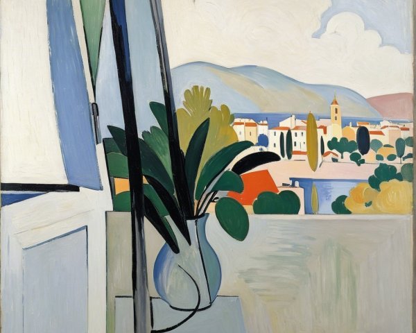 Serene Landscape with Open Window and Vase of Leaves