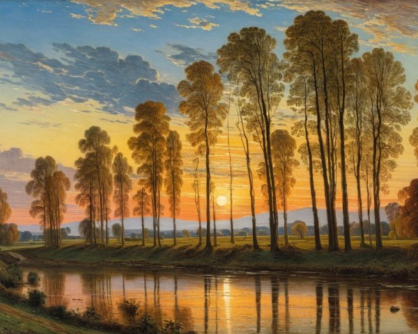 Serene Sunset Landscape with Trees and River Reflections