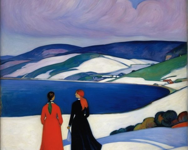 Women in Dresses Walking Along Serene Shoreline