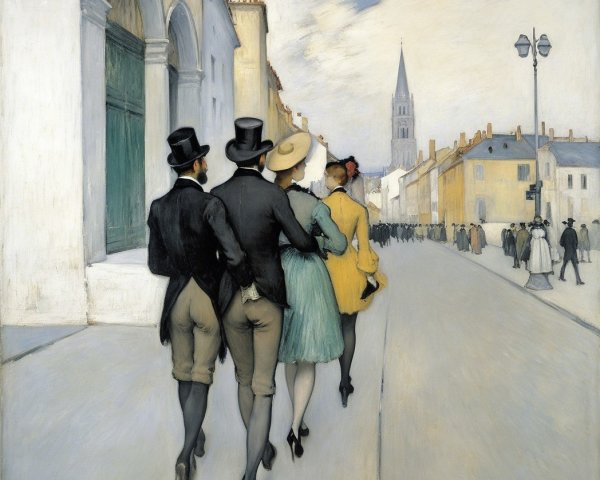 Elegant Figures Walking on Cobblestone Street