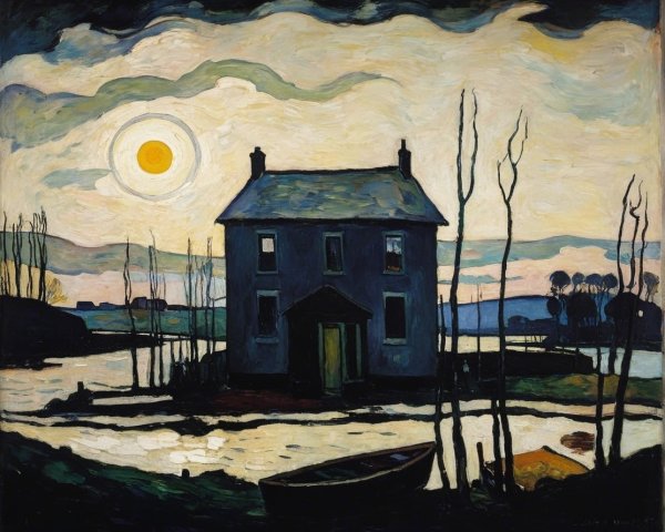 Solitary House by Water with Bare Trees and Boat