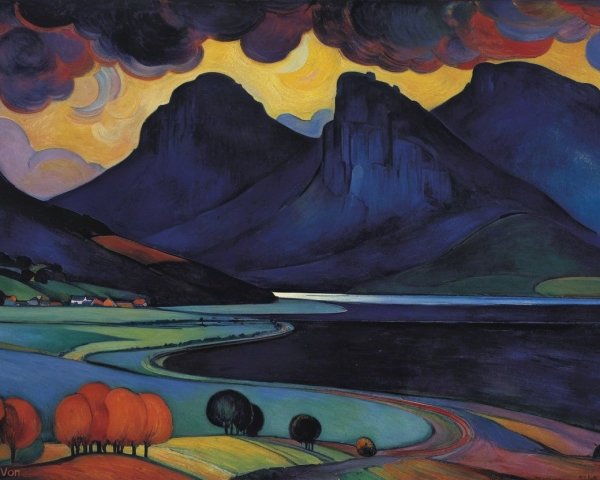 Dramatic Landscape with Mountains and Colorful Sky