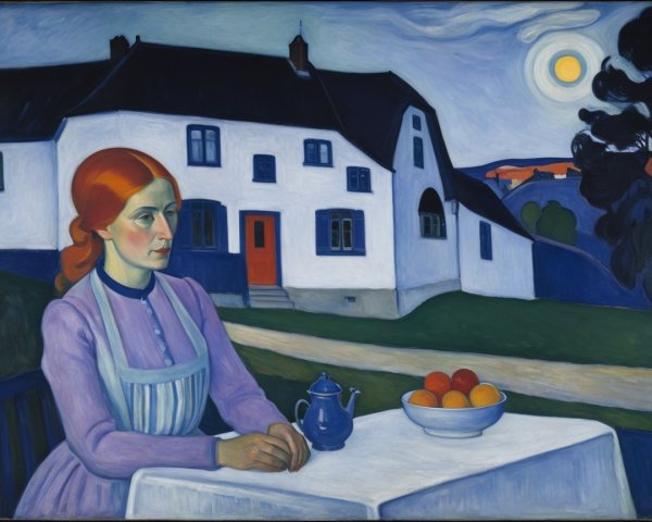Woman with Red Hair at Table with Teapot and Oranges