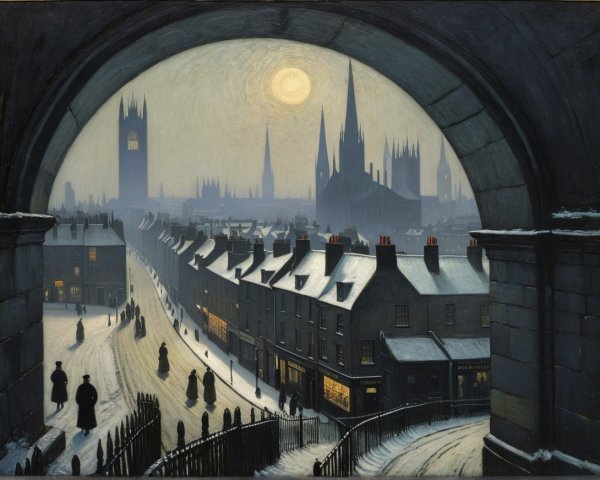 Moonlit Winter City Street Scene in Oil Painting