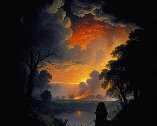 Tranquil River Landscape at Sunset with Silhouetted Trees