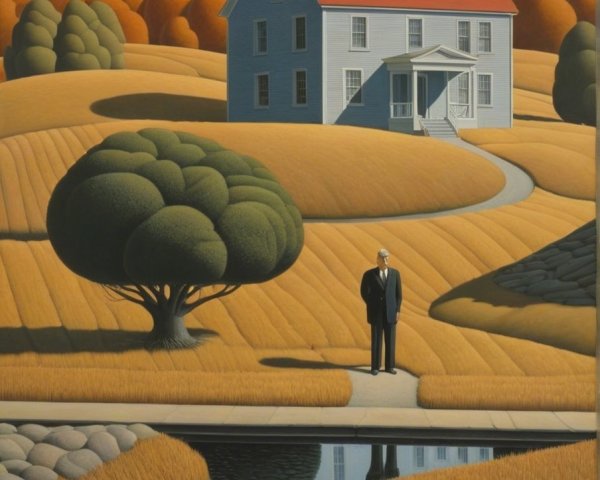 Serene Landscape with Blue House and Reflective Pond