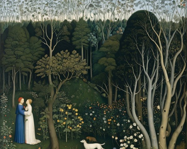 Historical Figures in a Lush Forest Setting