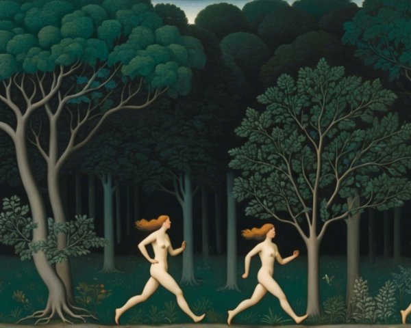 Stylized Figures Running Through a Dense Forest Scene