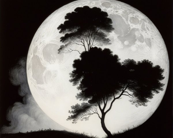 Black-and-White Illustration of Moon and Tree Silhouette