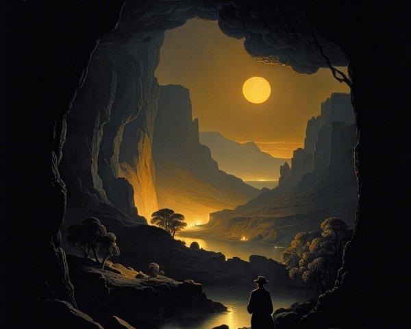 Nighttime Cave Scene with Moonlit Valley View