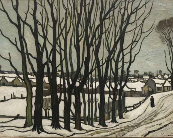 Winter Landscape with Bare Trees and Snowy Village