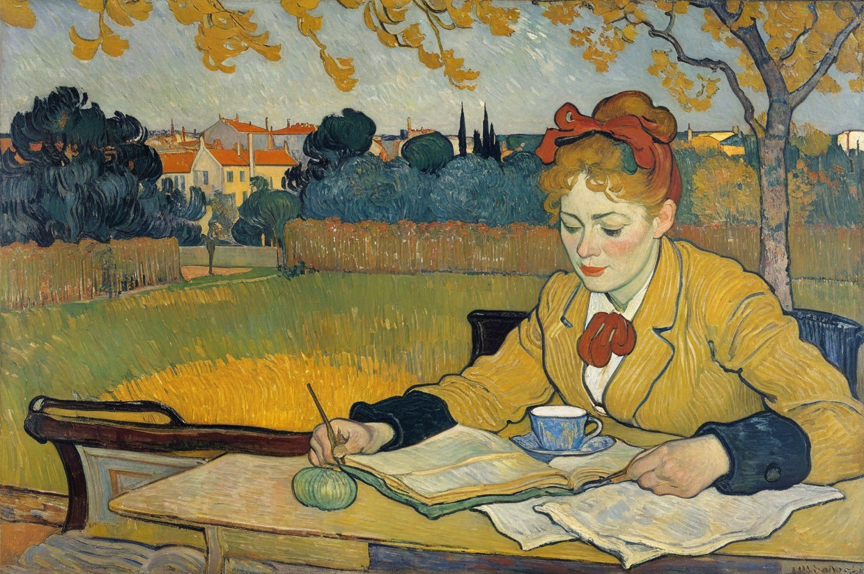 Young Woman Reading Outdoors in Vibrant Landscape