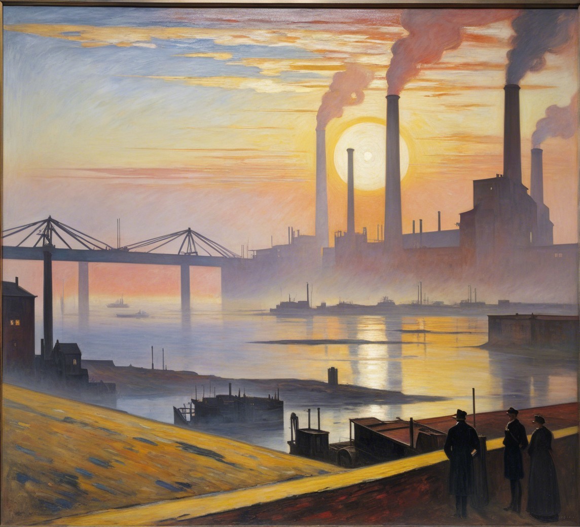 Industrial Landscape at Sunset with Smokestacks and Waterway