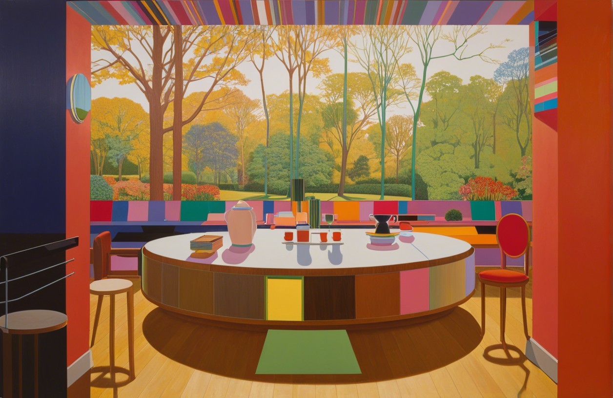 Vibrant Interior Space with Round Table and Mural