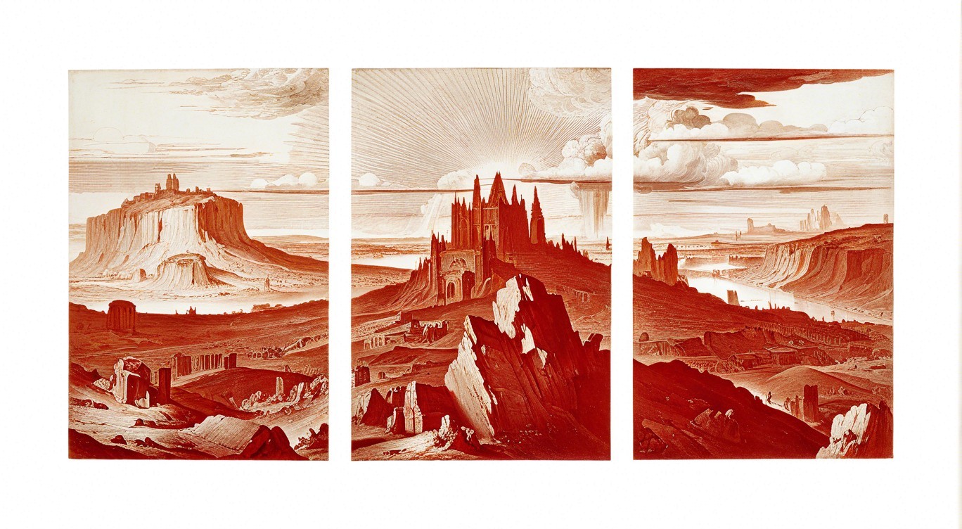 Surreal Triptych with Gothic Structure and Landscape