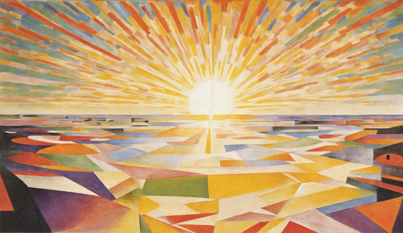 Colorful Abstract Painting: Sunburst Over Geometric Landscape