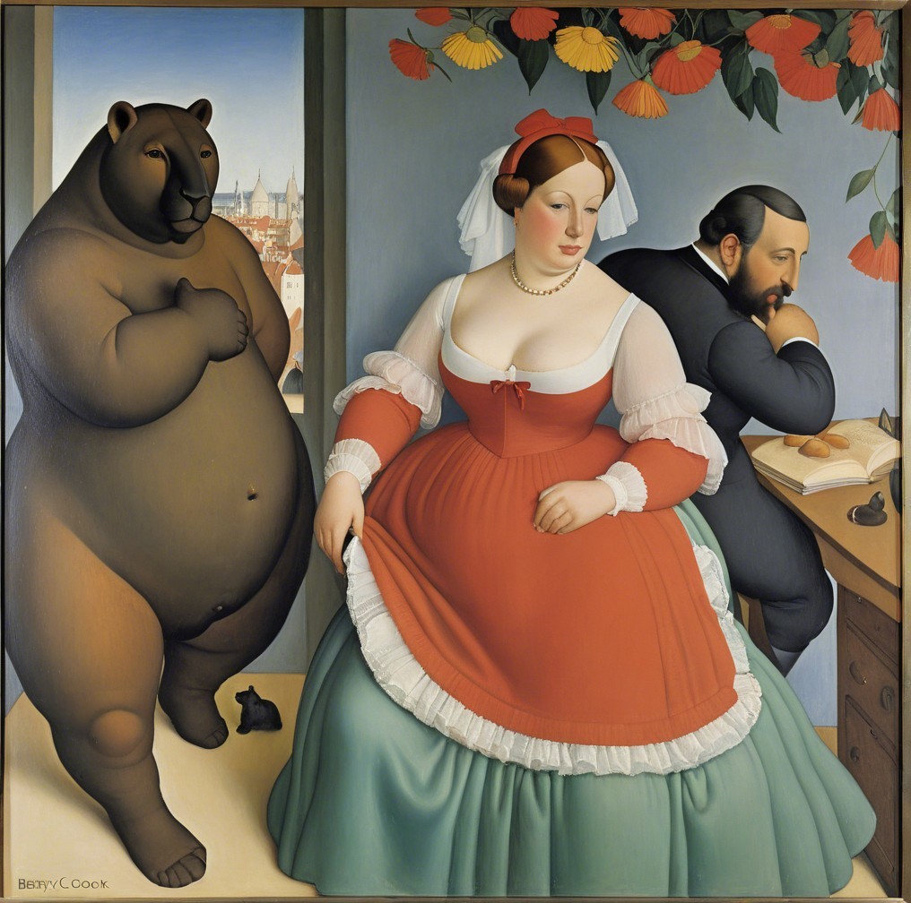 Stylized Scene with Woman, Man, and Anthropomorphized Bear