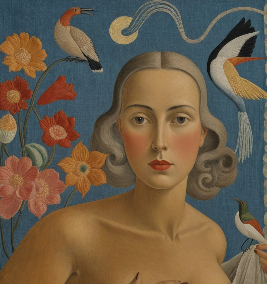 Woman with Gray Hair Surrounded by Flowers and Birds