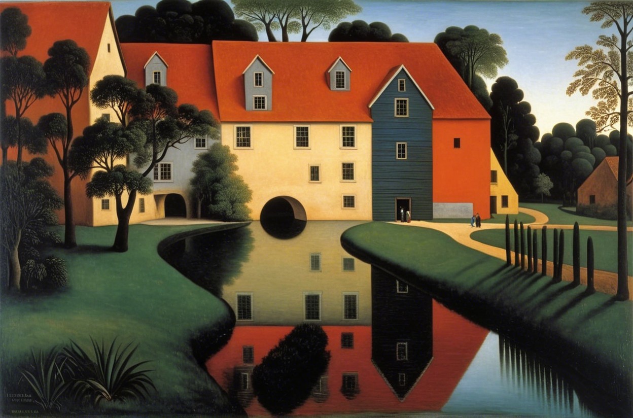 Serene Landscape with Colorful Building by Calm River