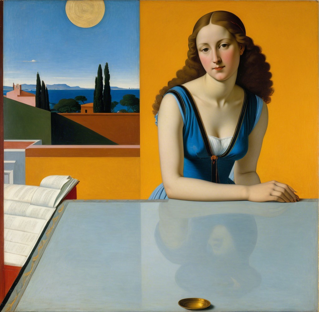 Young Woman at Table with Reflective Surface and Moon