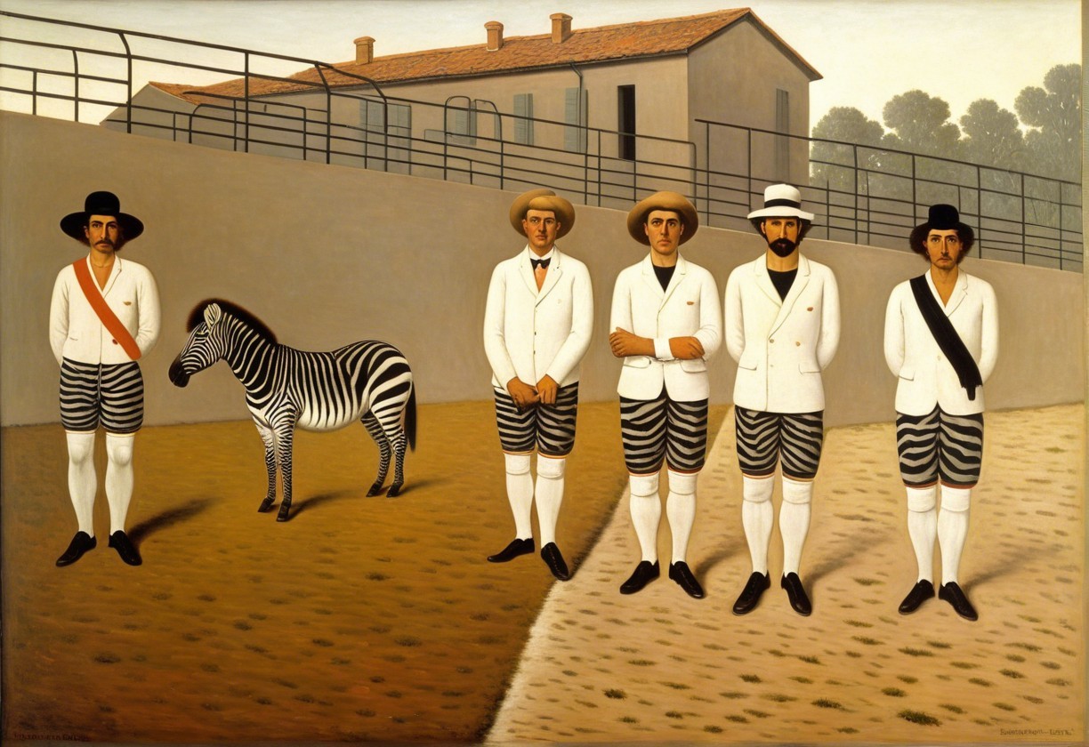 Men in Formal Attire with Zebra in Rural Setting
