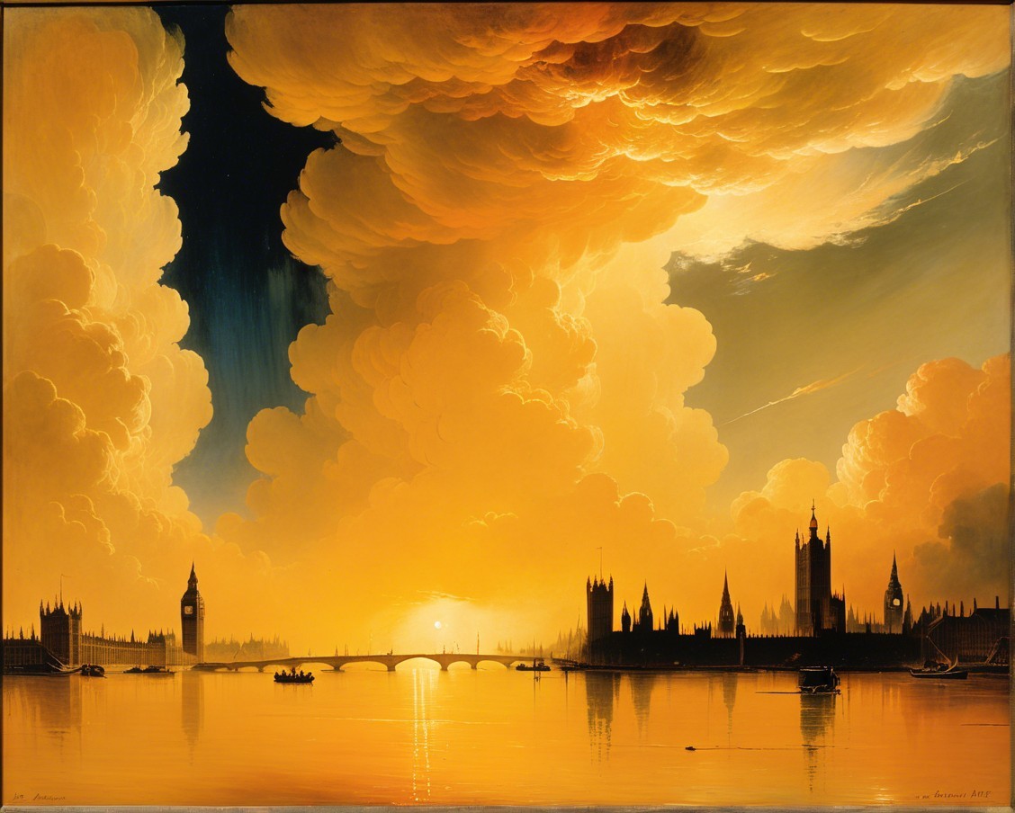 Sunset Over River with Architectural Silhouettes