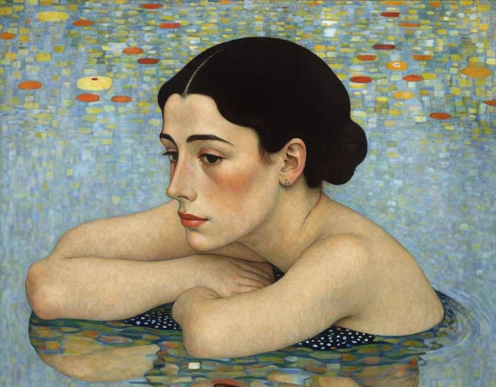 Woman resting chin on hands with stylized backdrop, evoking reflection