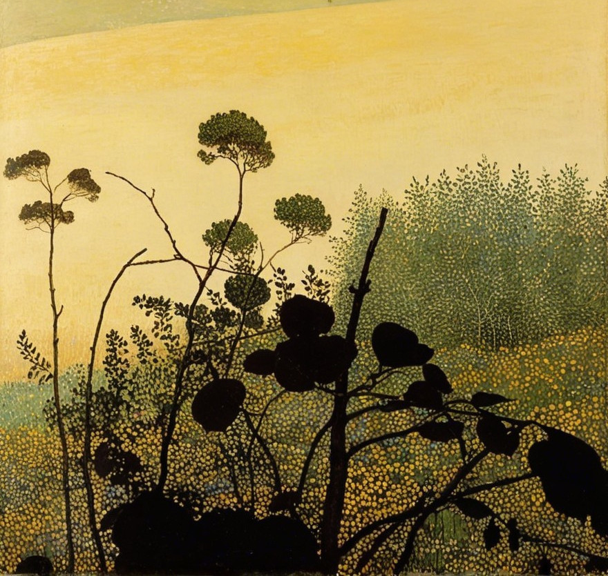 Serene Landscape with Silhouetted Trees and Pastels