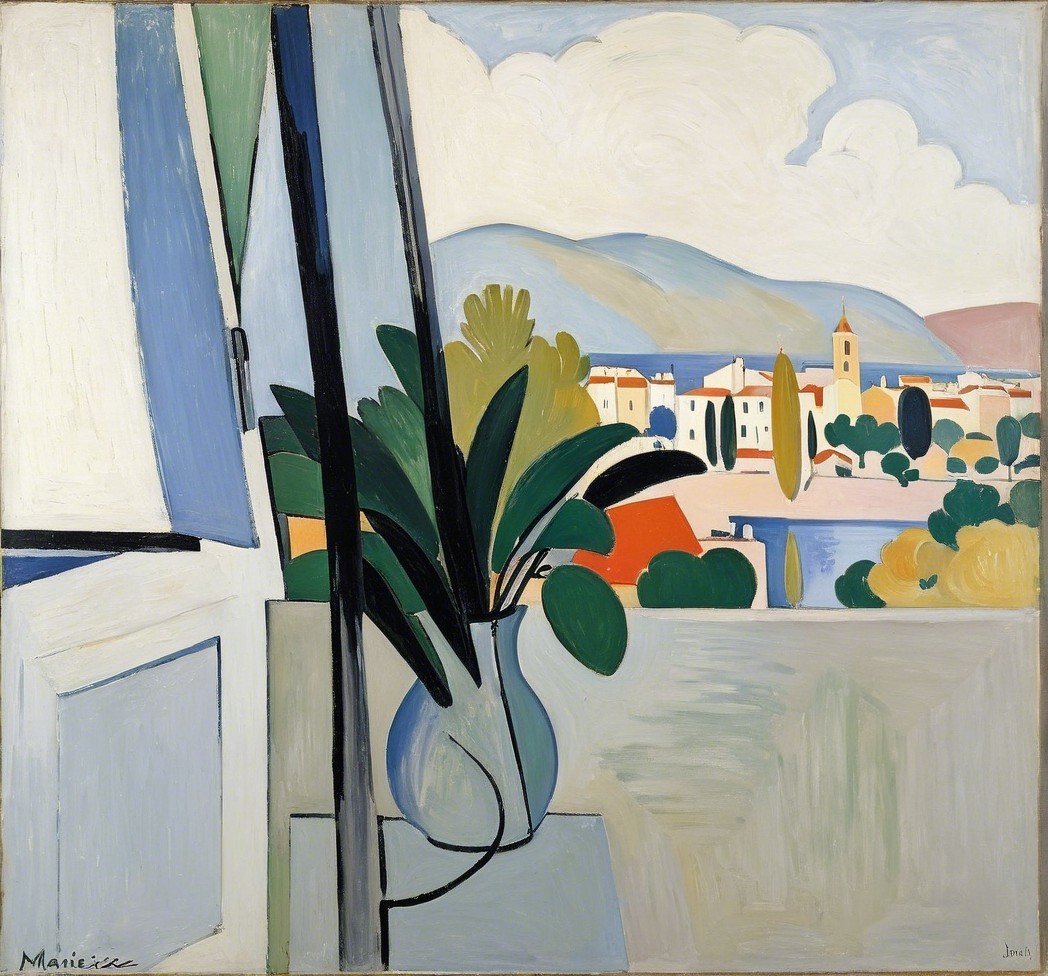 Serene Landscape with Open Window and Vase of Leaves