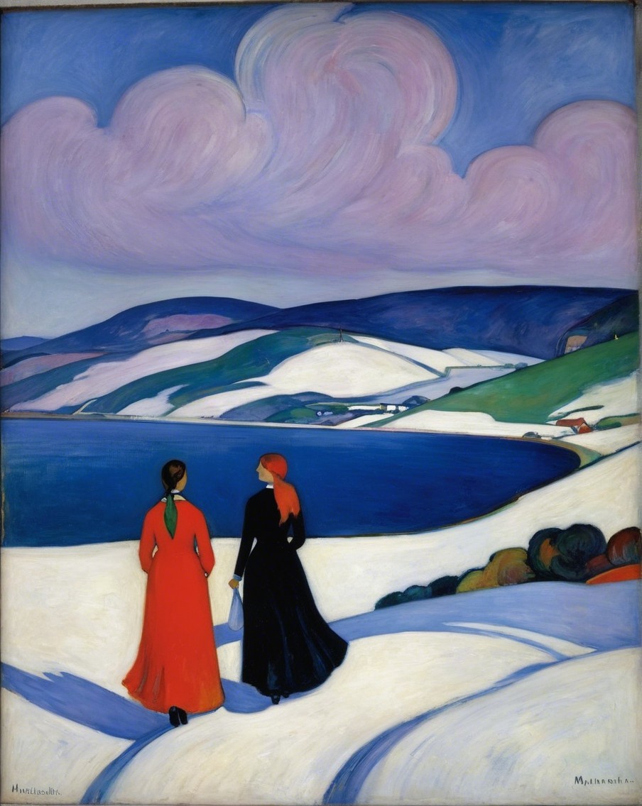 Women in Dresses Walking Along Serene Shoreline