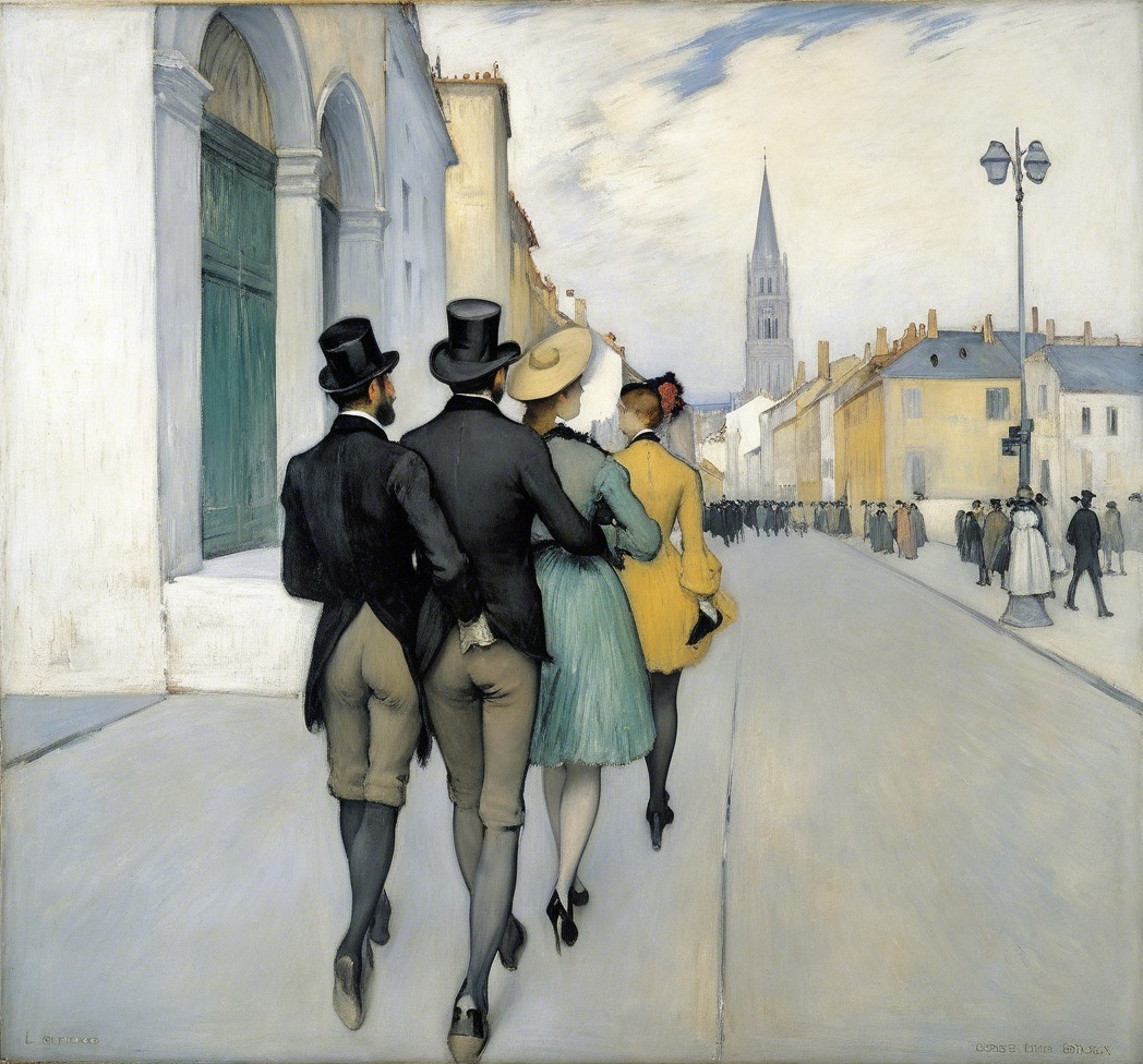 Elegant Figures Walking on Cobblestone Street
