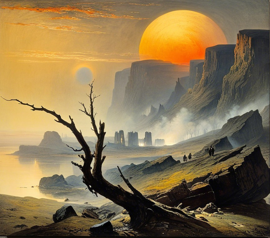 Surreal Alien Landscape with Cliffs and Two Suns