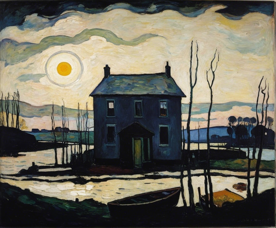 Solitary House by Water with Bare Trees and Boat