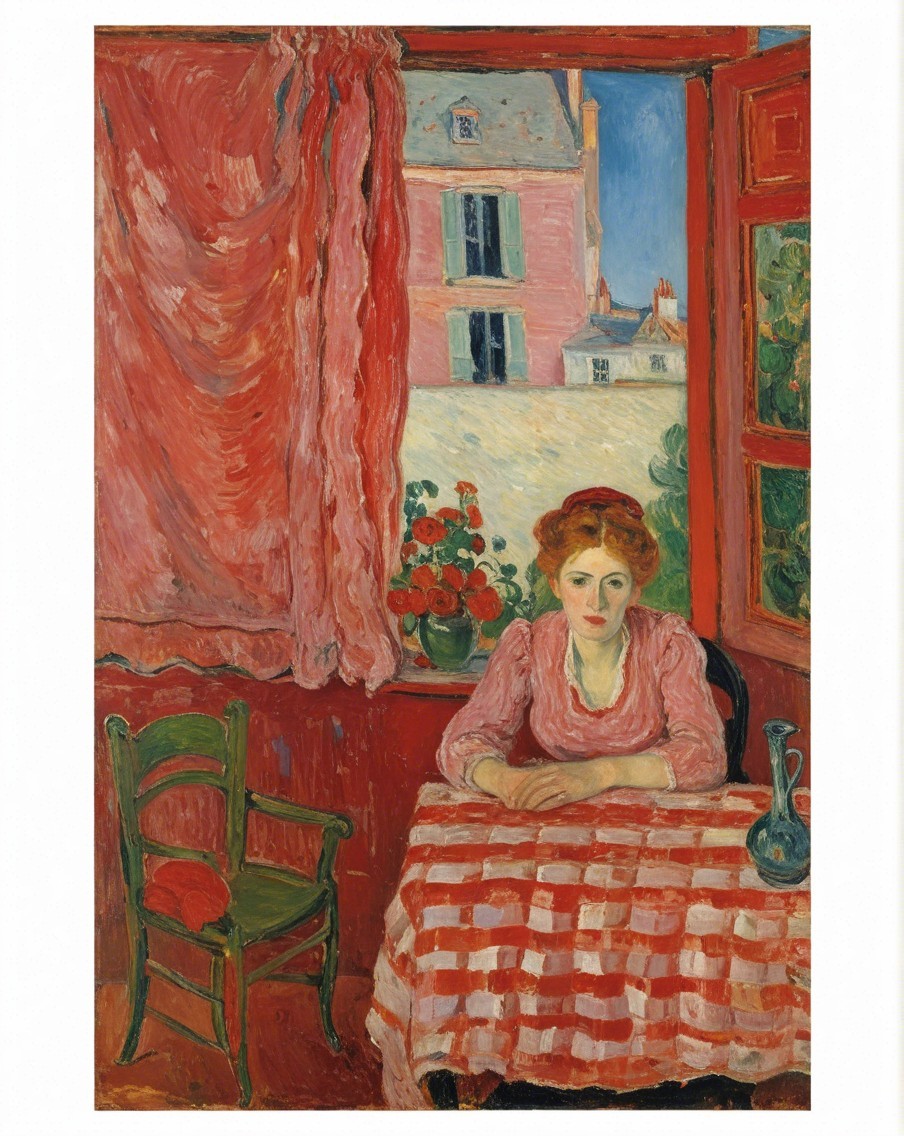 Contemplative Woman in Colorful Interior Setting