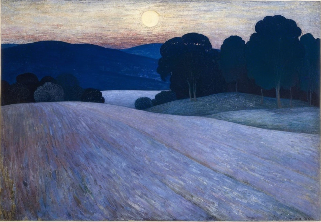 Serene Twilight Landscape with Full Moon and Hills