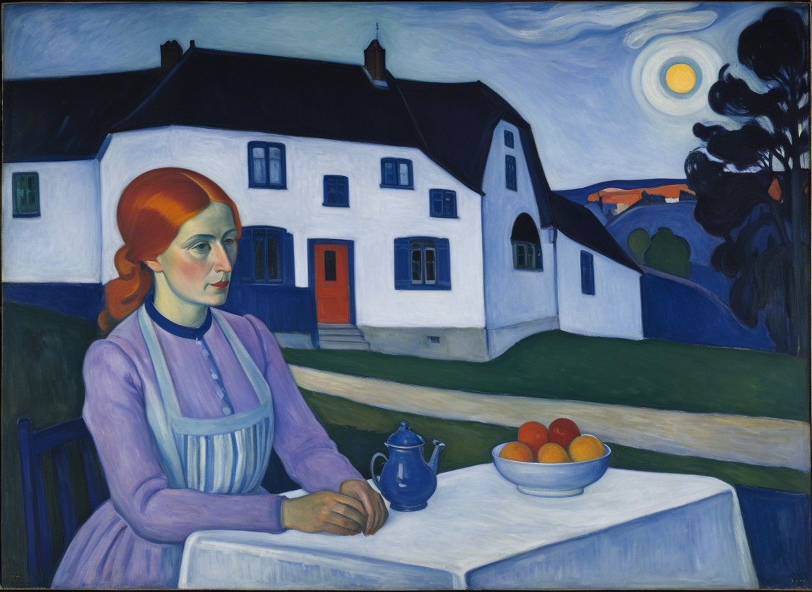 Woman with Red Hair at Table with Teapot and Oranges