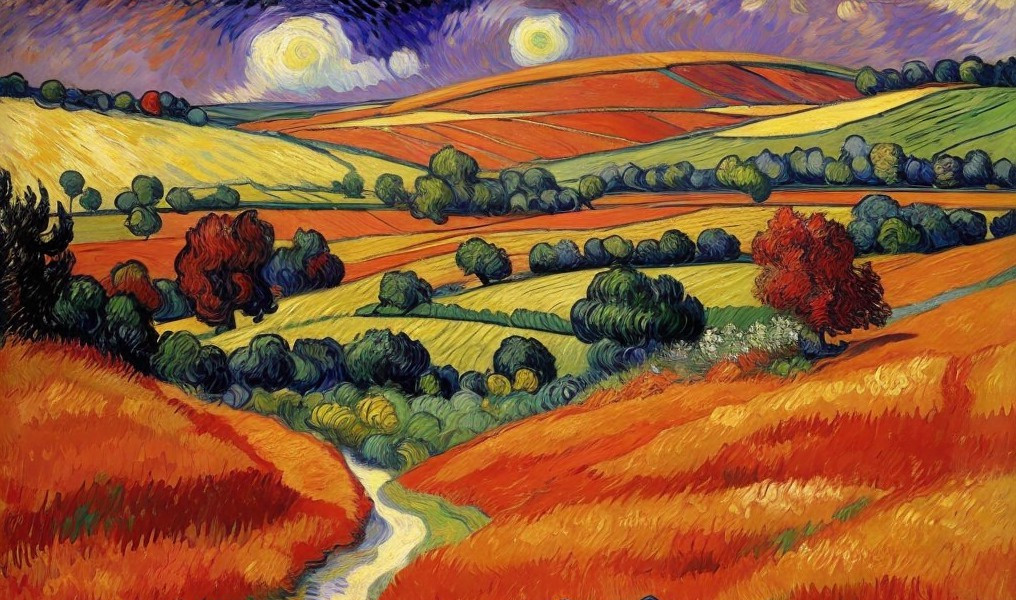 Vibrant Landscape with Colorful Hills and Stream