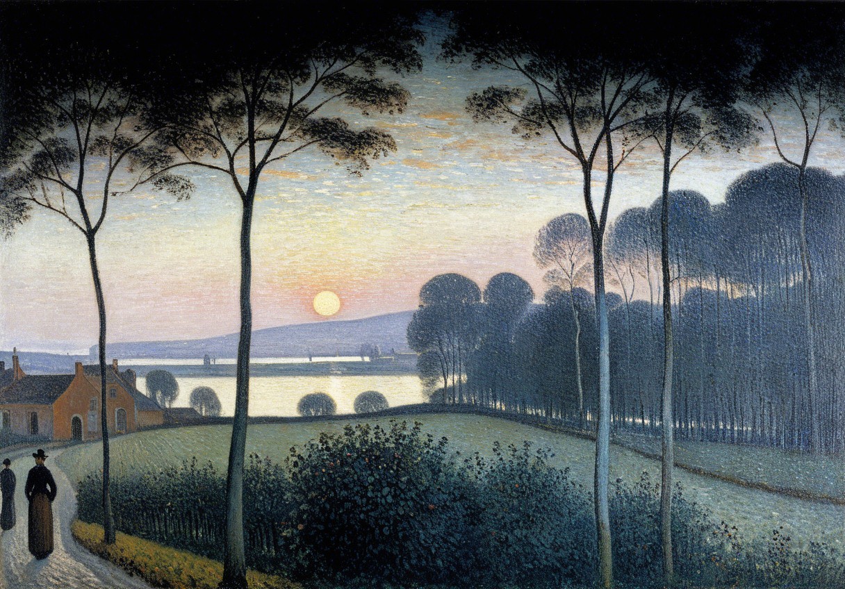 Serene Evening Landscape with Silhouetted Trees