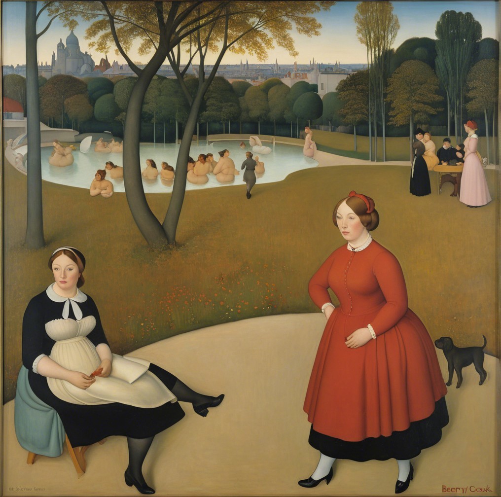 Serene Park Scene with Historical Attire and Leisure Activities