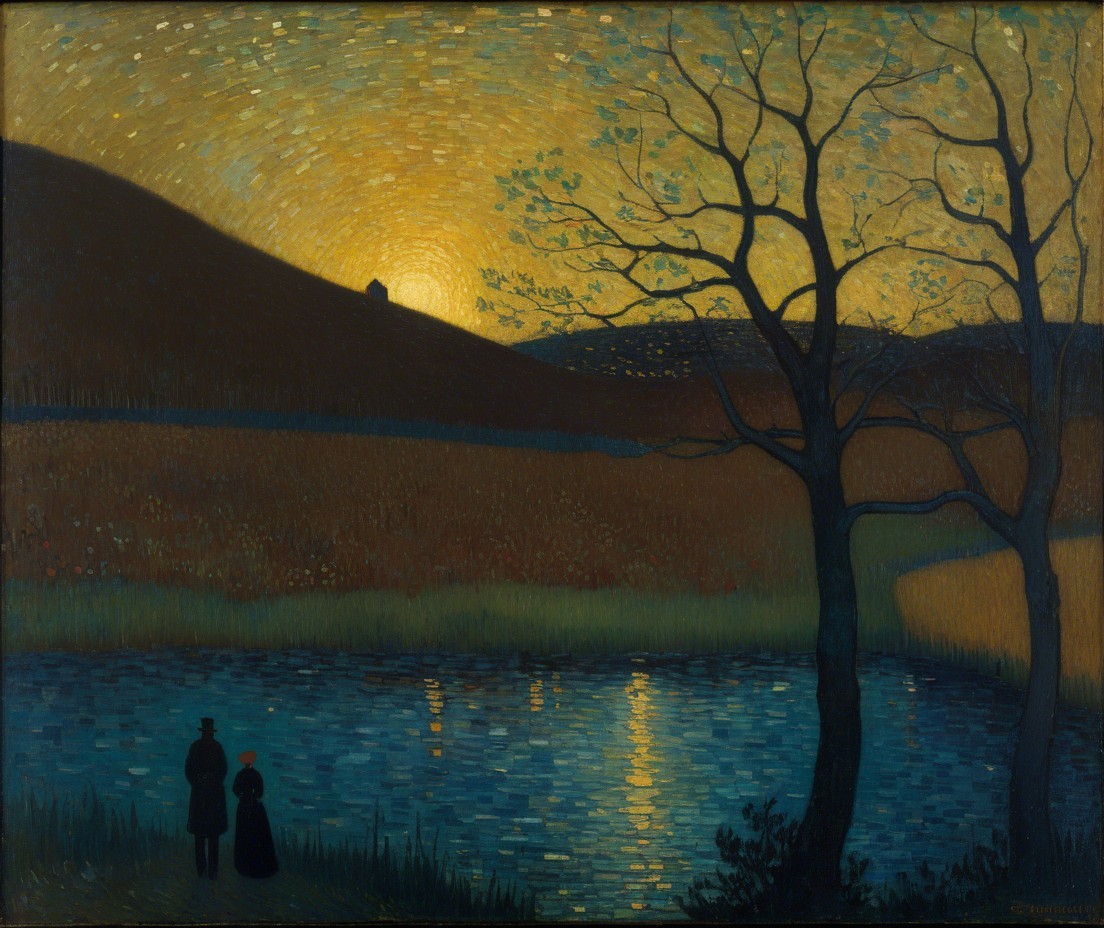 Twilight Scene with Figures by a Tranquil River